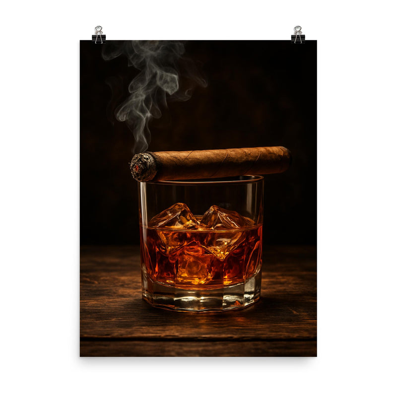 Epic smoky whiskey glass and cigar poster on a plain backdrop in size 8