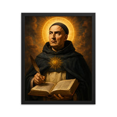 Epic St Thomas Aquinas portrait framed print on a plain backdrop in size 16"x20".