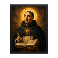Epic St Thomas Aquinas portrait framed print on a plain backdrop in size 18"x24".