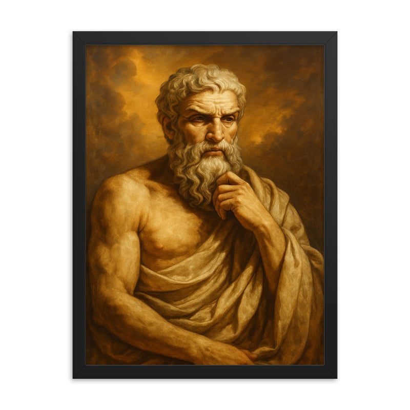 Epicurus framed print on a plain backdrop in size 18