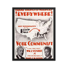 Equal Rights for Negroes Everywhere! USA, 1932 - Map Highlighting Southern Counties with Majority African American Populations framed print on a plain backdrop in size 16"x20".