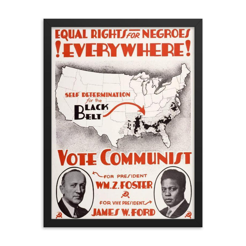 Equal Rights for Negroes Everywhere! USA, 1932 - Map Highlighting Southern Counties with Majority African American Populations framed print on a plain backdrop in size 18