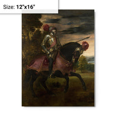 Equestrian Portrait of Charles V by Titian metal print on a plain backdrop in size 12"x16".