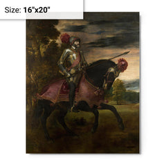 Equestrian Portrait of Charles V by Titian metal print on a plain backdrop in size 16"x20".