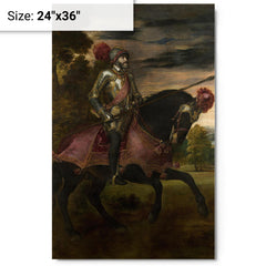 Equestrian Portrait of Charles V by Titian metal print on a plain backdrop in size 24"x36".