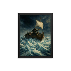 Ernest Shackleton lifeboat through ice crush framed print on a plain backdrop in size 12"x16".
