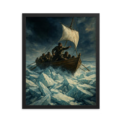 Ernest Shackleton lifeboat through ice crush framed print on a plain backdrop in size 16"x20".