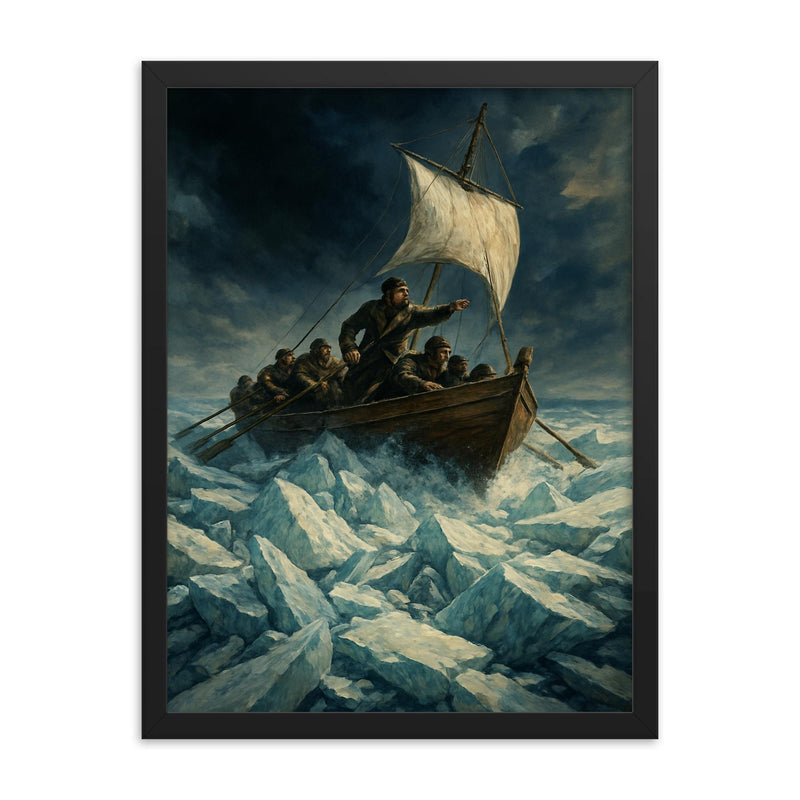 Ernest Shackleton lifeboat through ice crush framed print on a plain backdrop in size 18