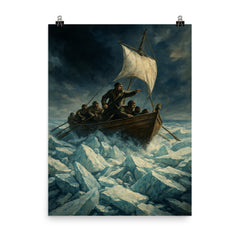 Ernest Shackleton lifeboat through ice crush poster on a plain backdrop in size 8"x10".