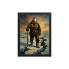 Ernest Shackleton on cracked Weddell Sea ice framed print on a plain backdrop in size 12"x16".