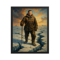 Ernest Shackleton on cracked Weddell Sea ice framed print on a plain backdrop in size 16"x20".