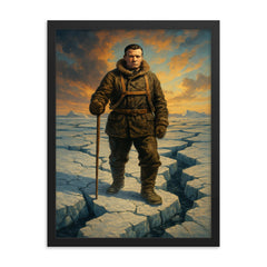 Ernest Shackleton on cracked Weddell Sea ice framed print on a plain backdrop in size 18"x24".