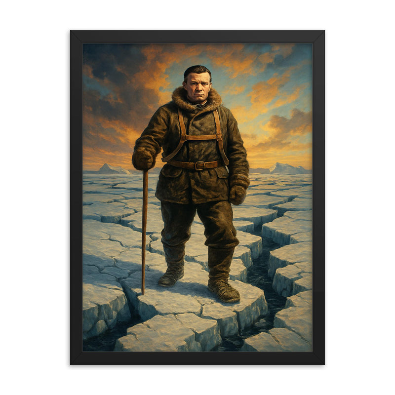 Ernest Shackleton on cracked Weddell Sea ice framed print on a plain backdrop in size 18