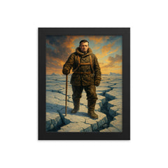 Ernest Shackleton on cracked Weddell Sea ice framed print on a plain backdrop in size 8"x10".