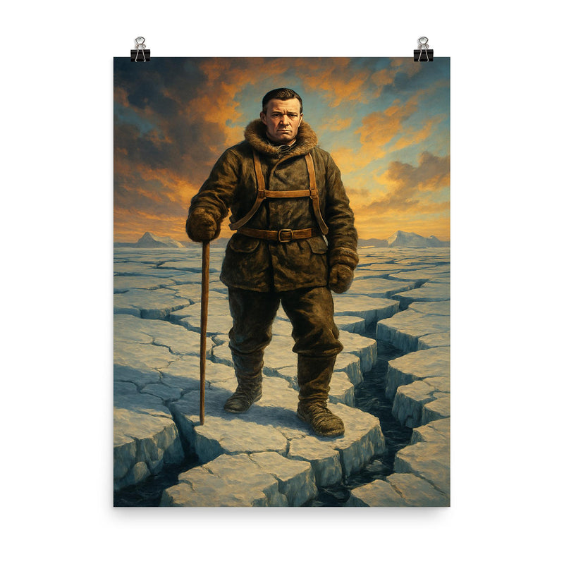 Ernest Shackleton on cracked Weddell Sea ice poster on a plain backdrop in size 8