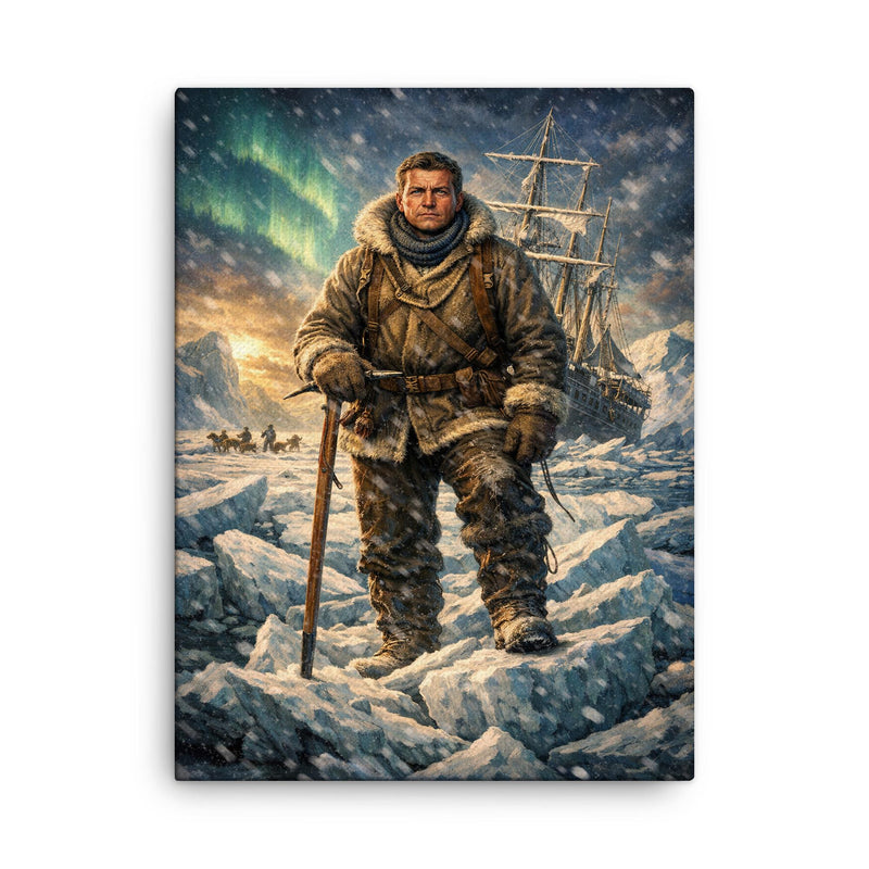 Ernest Shackleton on Endurance ice canvas print on a plain backdrop in size 18