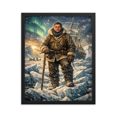Ernest Shackleton on Endurance ice framed print on a plain backdrop in size 16"x20".