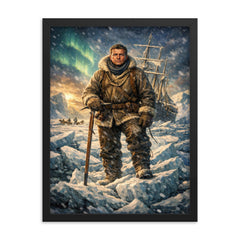 Ernest Shackleton on Endurance ice framed print on a plain backdrop in size 18"x24".