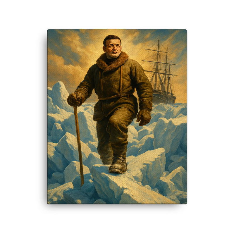 Ernest Shackleton on Endurance ice pressure ridge canvas print on a plain backdrop in size 16