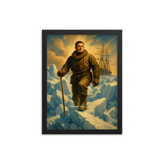 Ernest Shackleton on Endurance ice pressure ridge framed print on a plain backdrop in size 12"x16".