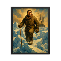Ernest Shackleton on Endurance ice pressure ridge framed print on a plain backdrop in size 16"x20".