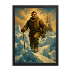 Ernest Shackleton on Endurance ice pressure ridge framed print on a plain backdrop in size 18"x24".