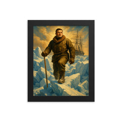 Ernest Shackleton on Endurance ice pressure ridge framed print on a plain backdrop in size 8"x10".