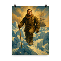 Ernest Shackleton on Endurance ice pressure ridge poster on a plain backdrop in size 8"x10".
