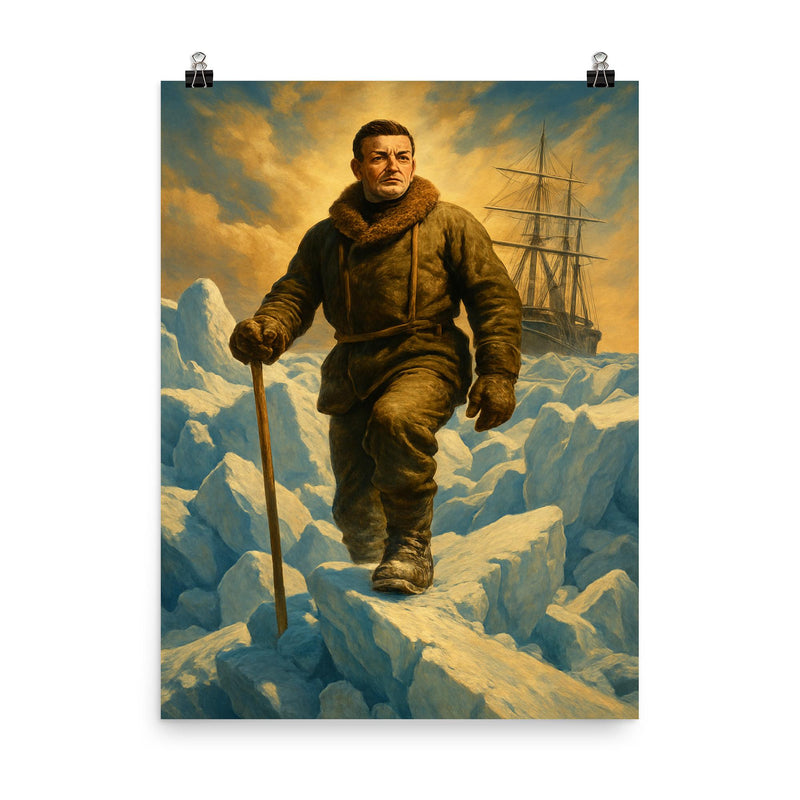 Ernest Shackleton on Endurance ice pressure ridge poster on a plain backdrop in size 8