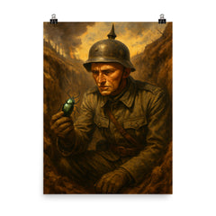 Ernst Jünger in trench with beetle specimen poster on a plain backdrop in size 8"x10".