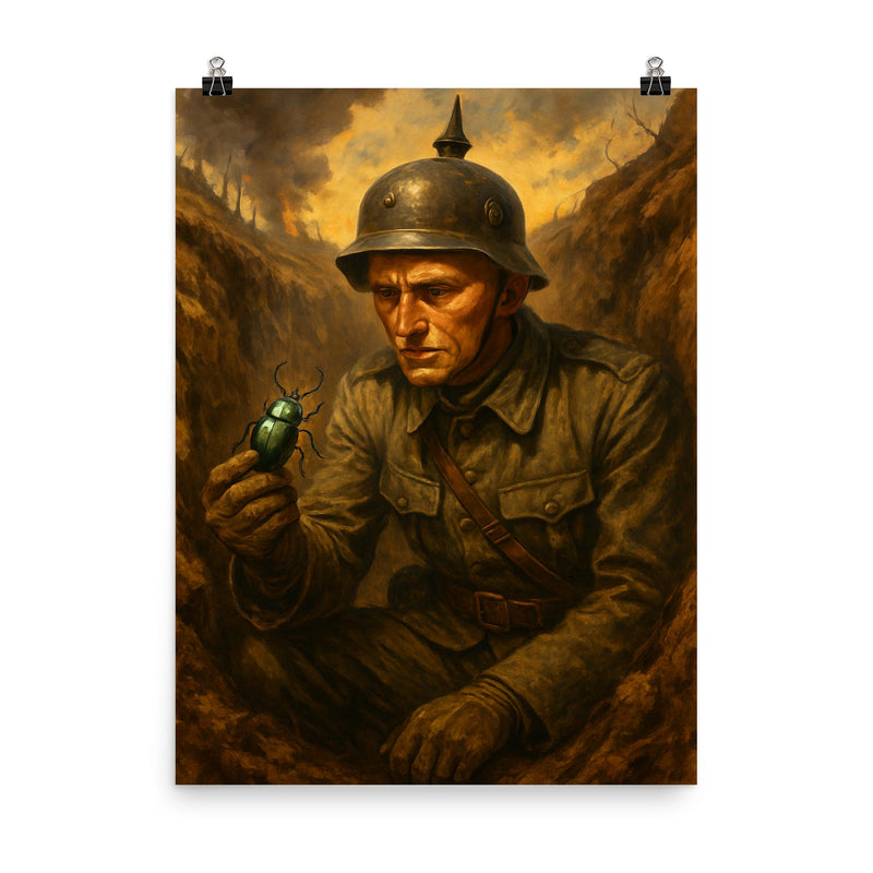 Ernst Jünger in trench with beetle specimen poster on a plain backdrop in size 8