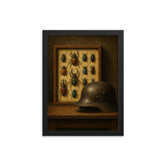 Ernst Junger beetle collection beside iron helmet framed print on a plain backdrop in size 12"x16".
