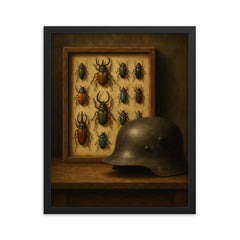 Ernst Junger beetle collection beside iron helmet framed print on a plain backdrop in size 16"x20".