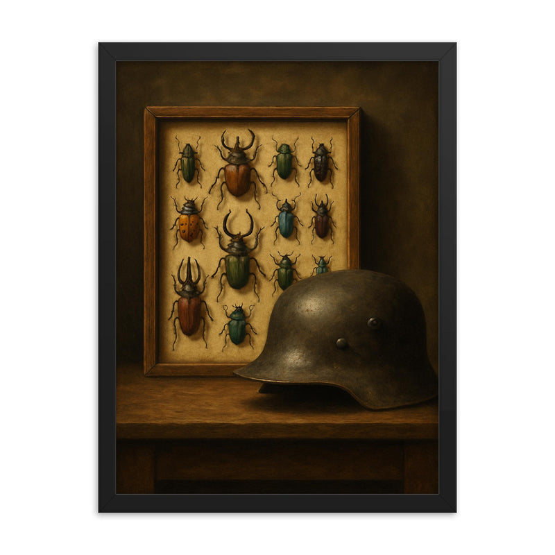 Ernst Junger beetle collection beside iron helmet framed print on a plain backdrop in size 18