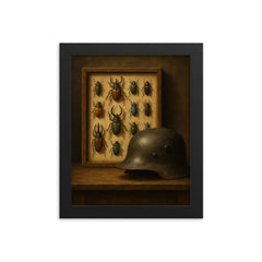 Ernst Junger beetle collection beside iron helmet framed print on a plain backdrop in size 8"x10".