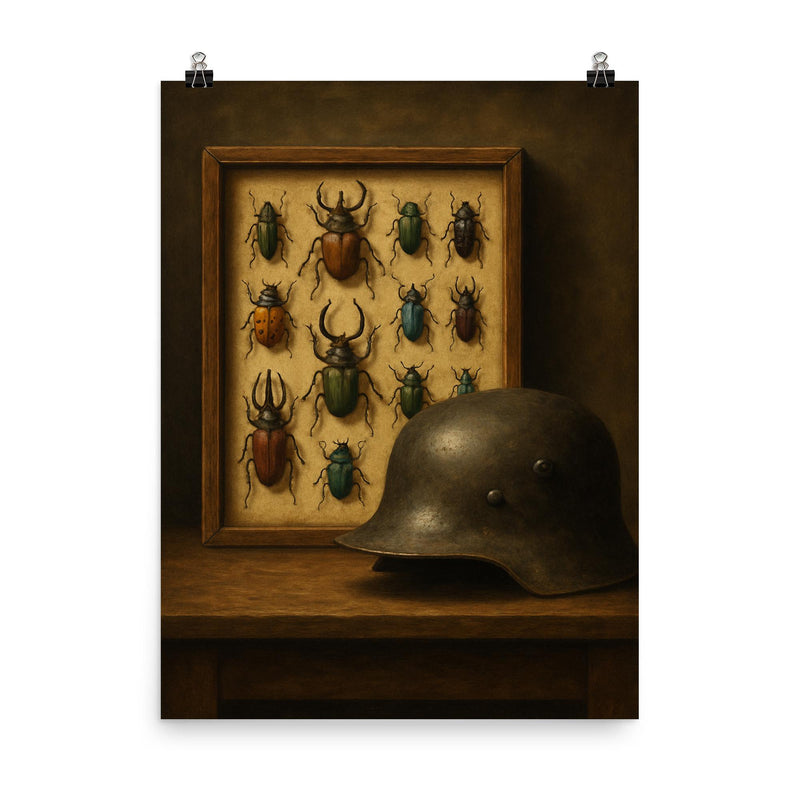 Ernst Junger beetle collection beside iron helmet poster on a plain backdrop in size 8