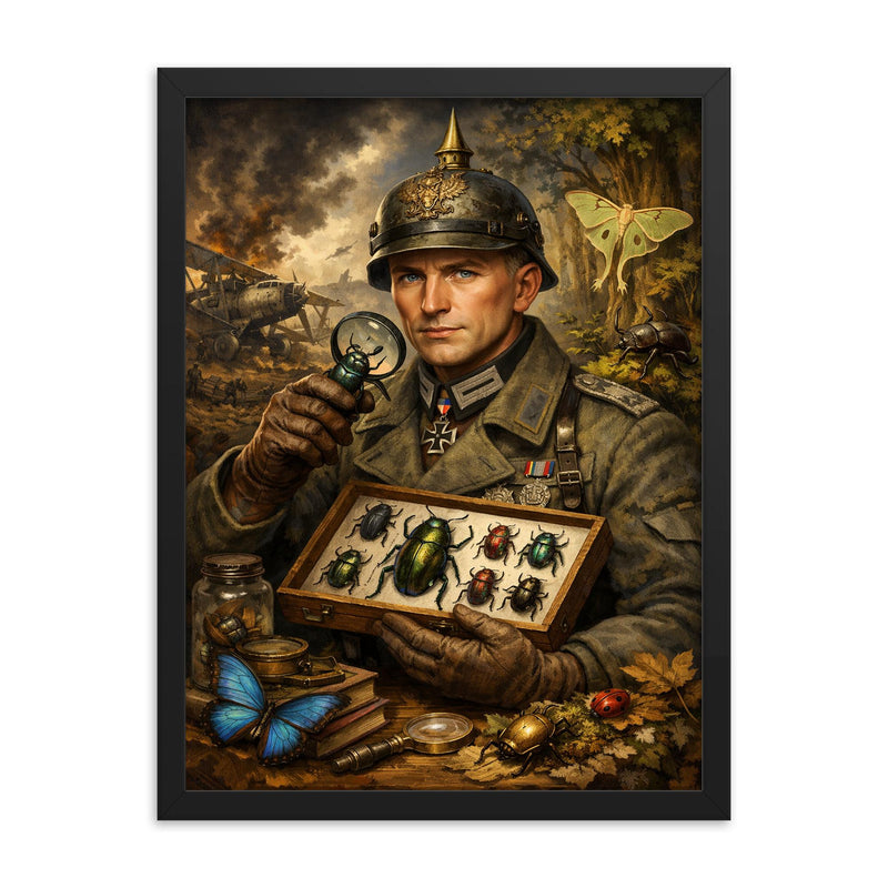 Ernst Junger beetle collector in war uniform framed print on a plain backdrop in size 18