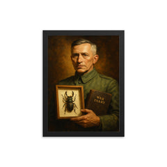 Ernst Junger with beetle specimen and war diary framed print on a plain backdrop in size 12"x16".
