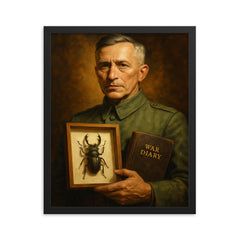 Ernst Junger with beetle specimen and war diary framed print on a plain backdrop in size 16"x20".