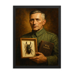 Ernst Junger with beetle specimen and war diary framed print on a plain backdrop in size 18"x24".