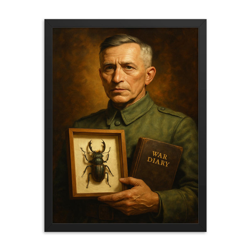 Ernst Junger with beetle specimen and war diary framed print on a plain backdrop in size 18