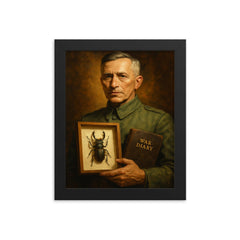 Ernst Junger with beetle specimen and war diary framed print on a plain backdrop in size 8"x10".