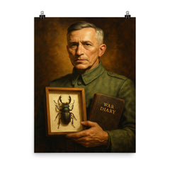 Ernst Junger with beetle specimen and war diary poster on a plain backdrop in size 8"x10".