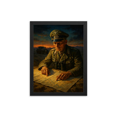 Erwin Rommel studying desert maps at dusk framed print on a plain backdrop in size 12"x16".