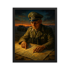 Erwin Rommel studying desert maps at dusk framed print on a plain backdrop in size 16"x20".