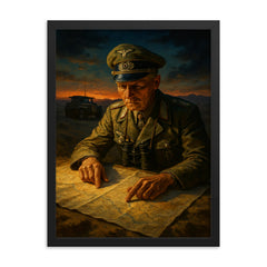 Erwin Rommel studying desert maps at dusk framed print on a plain backdrop in size 18"x24".