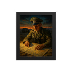 Erwin Rommel studying desert maps at dusk framed print on a plain backdrop in size 8"x10".