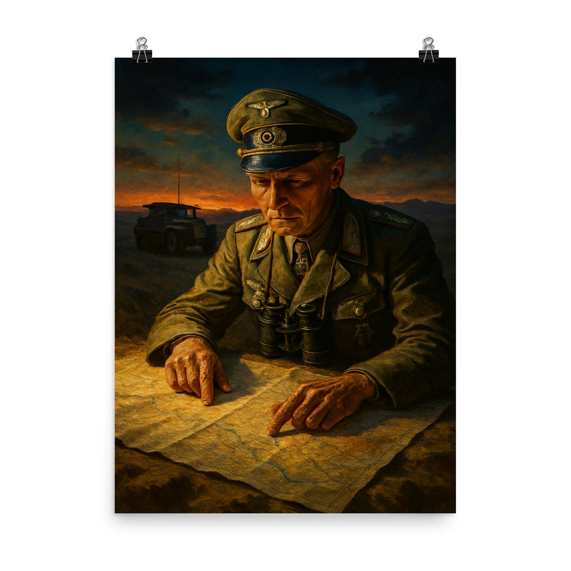 Erwin Rommel studying desert maps at dusk poster on a plain backdrop in size 8
