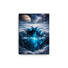 Europa cracked ice over hidden ocean darkness canvas print on a plain backdrop in size 12"x16".