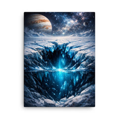 Europa cracked ice over hidden ocean darkness canvas print on a plain backdrop in size 18"x24".